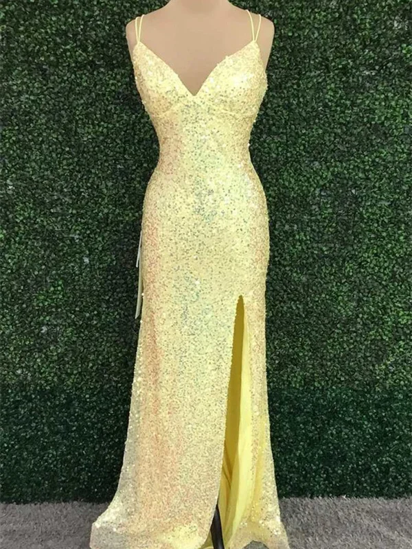 V Neck Mermaid Yellow Sequins Long Prom Dress with High Slit, Mermaid Yellow Formal Graduation Evening Dress Tunics Canvas sturdy
