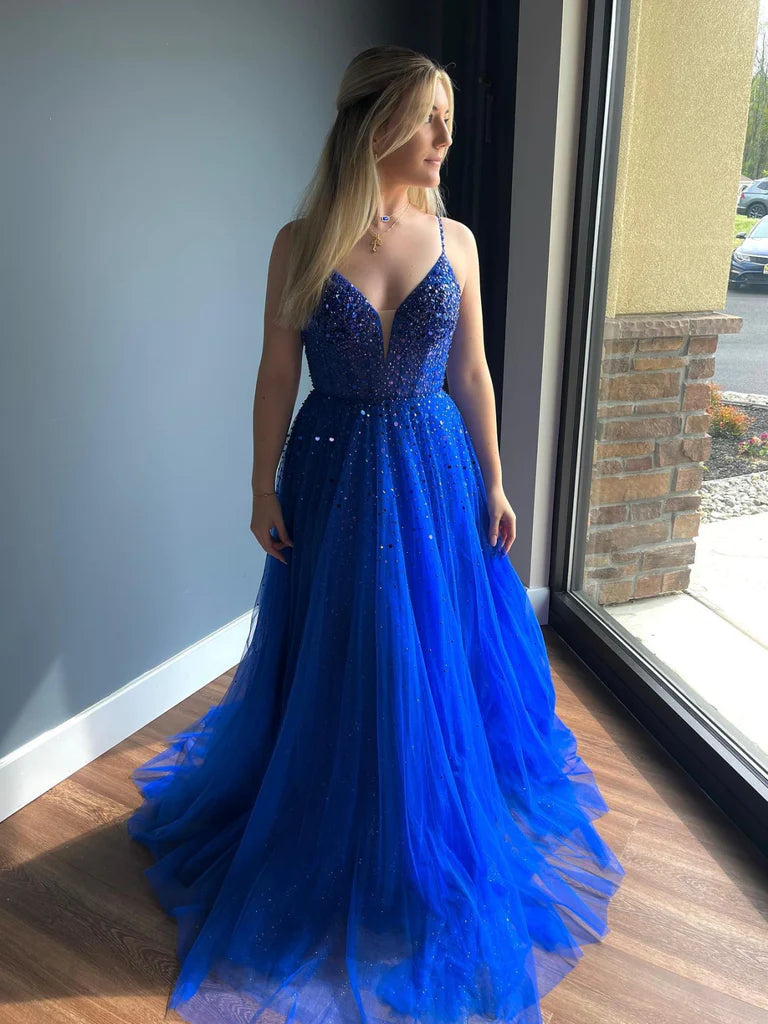 V Neck Open Back Beaded Blue Prom Dresses Long, Blue Formal Graduation Evening Dresses with Beadings Satin Halter Glamorous