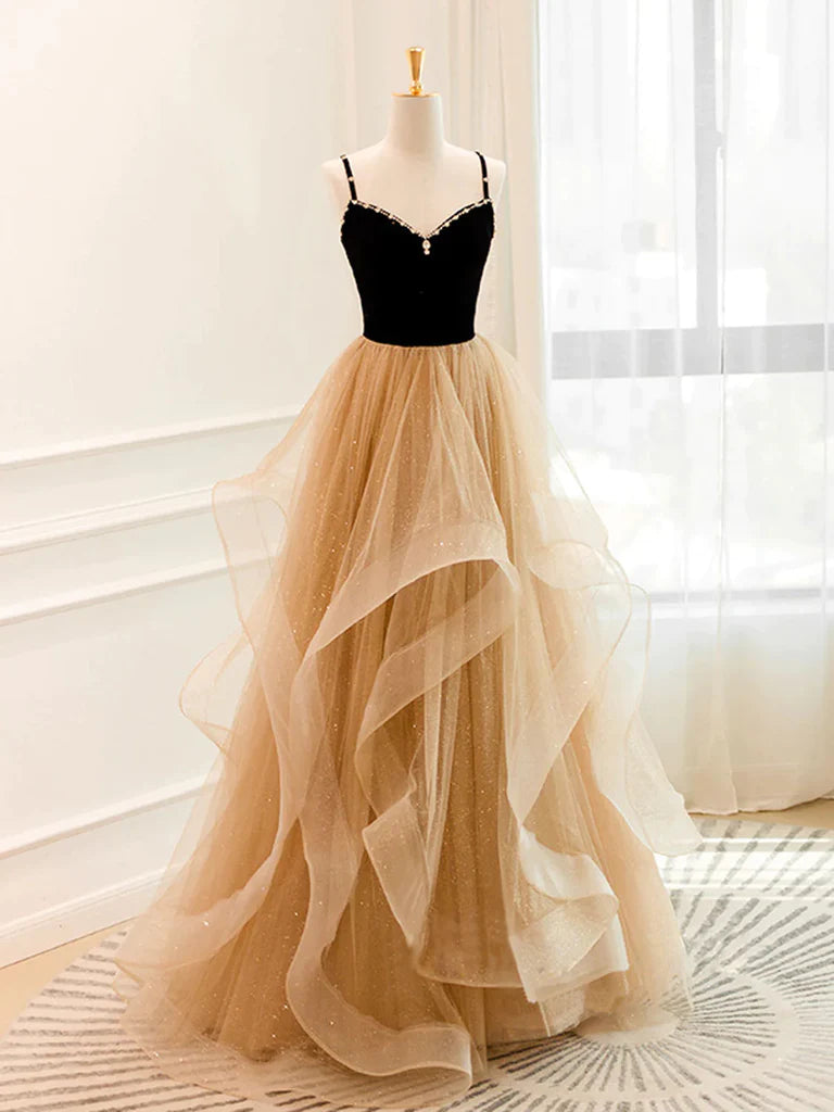 V Neck Open Back Black Champagne Long Prom Dresses, Black Champagne Long Formal Evening Dresses Tunics Silk luxurious