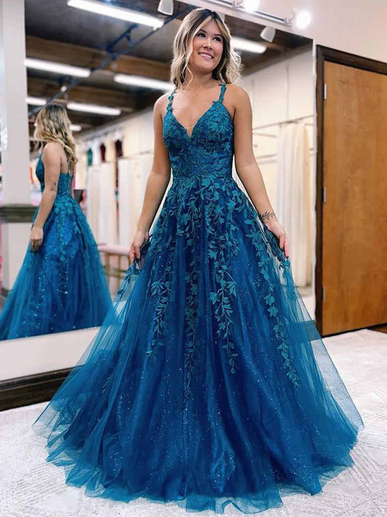 V Neck Open Back Blue Lace Long Prom Dress, Blue Lace Formal Dress, Blue Evening Dress Tunics Handmade artisanal