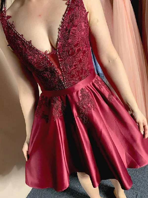 V Neck Open Back Burgundy/Gray Lace Short Prom Homecoming Dresses, Burgundy/Gray Formal Graduation Evening Dresses Tunics Review highly