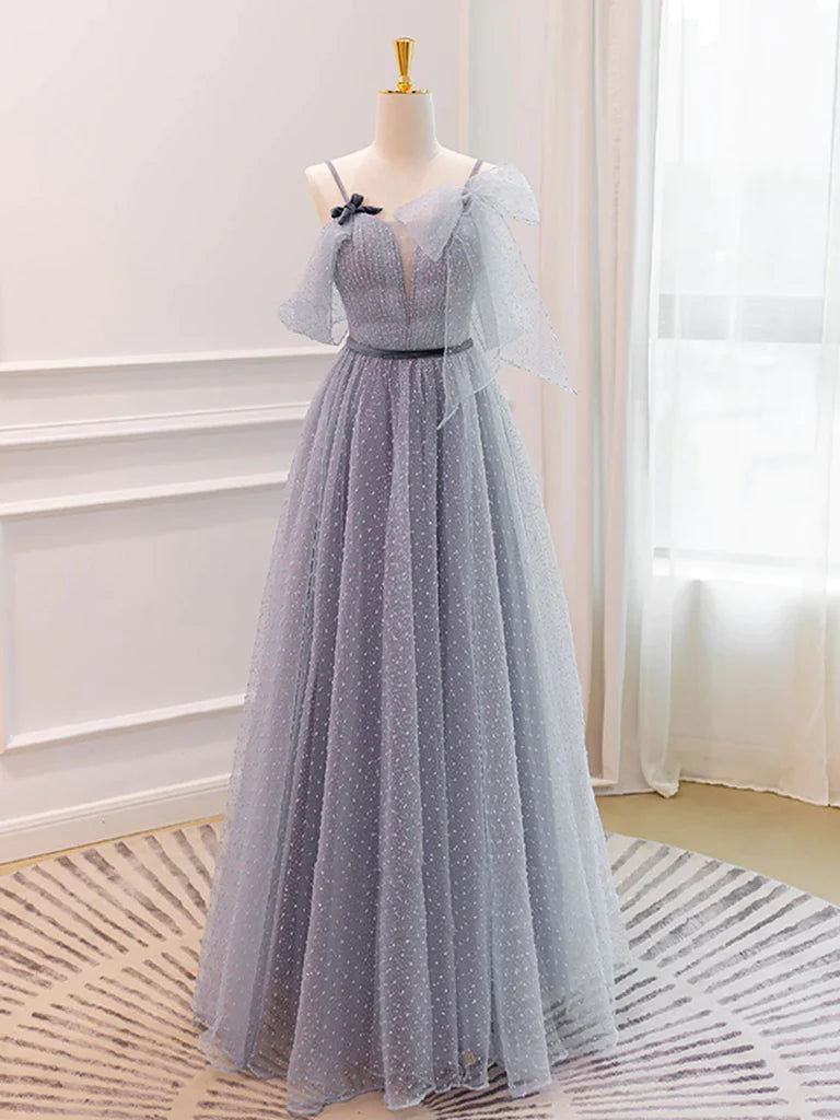 V Neck Open Back Gray Tulle Long Prom Dresses, Long Gray Formal Graduation Evening Dresses Tunics Velvet soft