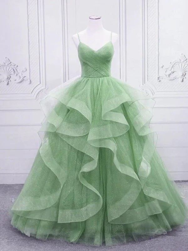 V Neck Open Back Light Green Tulle Long Prom Dresses, Shiny Light Green Formal Evening Dresses, Light Green Ball Gown Tunics Cozy comfortable