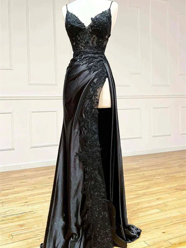 V Neck Open Back Mermaid Black Lace Long Prom Dress with High Slit, Mermaid Black Formal Dress, Black Lace Evening Dress Tunics Stylish elegant