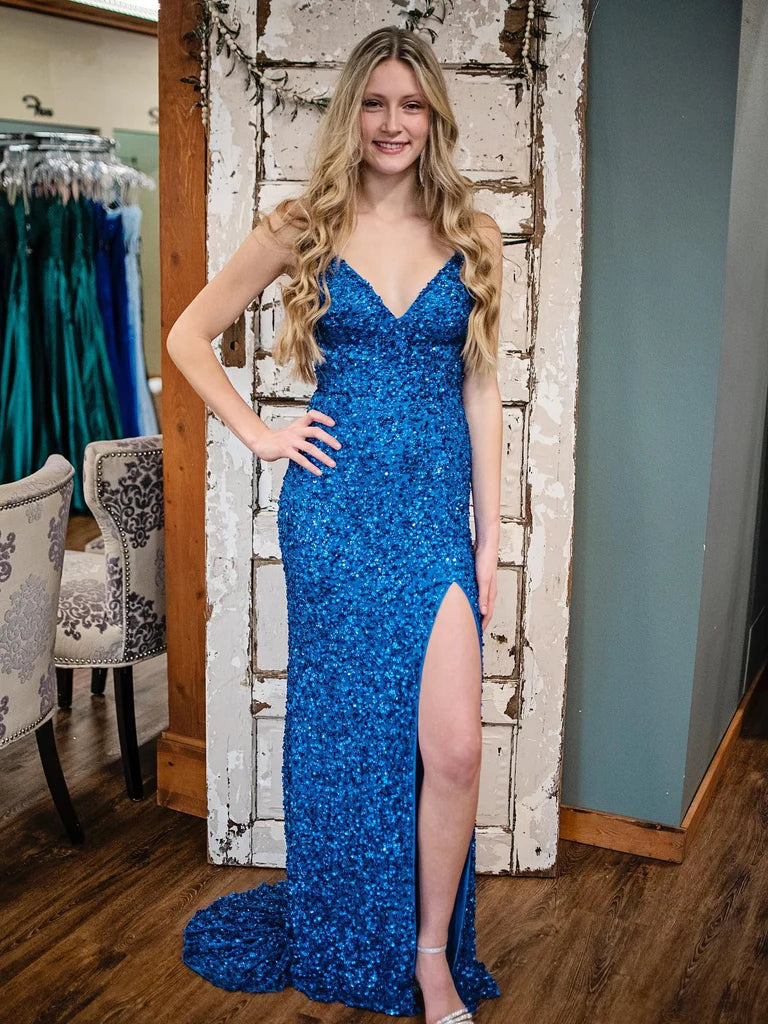 V Neck Open Back Mermaid Blue Sequins Long Prom Dresses with High Slit, Mermaid Blue Formal Graduation Evening Dresses Tunics Review highly