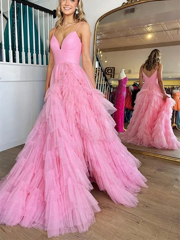 V Neck Open Back Pink Tulle Long Prom Dresses, V Neck Pink Formal Dresses, Long Pink Evening Dresses Tunics Custom made