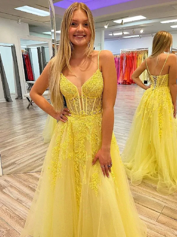 V Neck Open Back Yellow Floor Length Lace Long Prom Dresses, Spaghetti Strap Lace Formal Evening Dresses Mermaid Tail Wedding