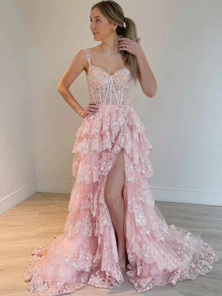 V Neck Pink/Blue/White Lace Layered Long Prom Dresses with High Slit, Pink/Blue/White Lace Formal Evening Dresses Lace Sexy Club