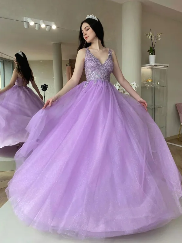 V Neck Purple Tulle Lace Long Prom Dresses, V Neck Backless Purple Tulle Lace Long Formal Evening Dresses Tunics Modern contemporary