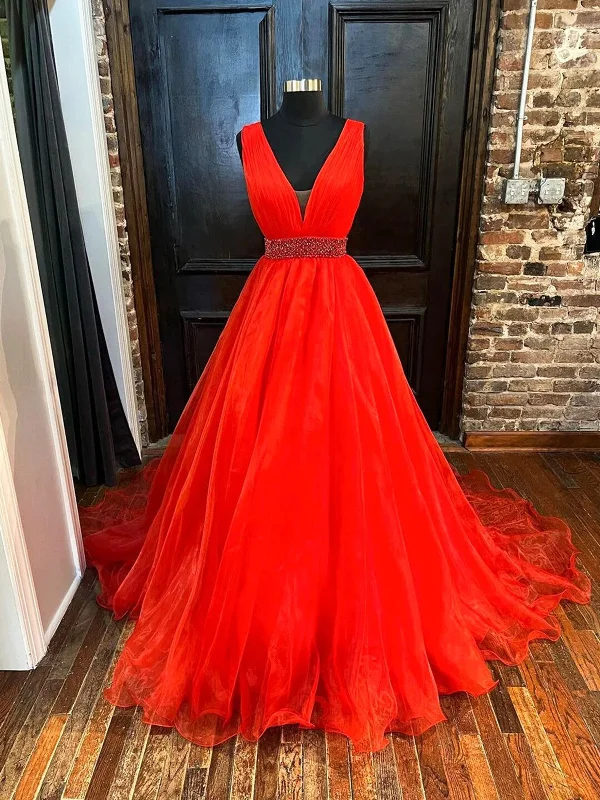 V Neck Red Tulle Long Prom Dress, Red A Line Evening Dress with Beaded Tunics Designer luxury