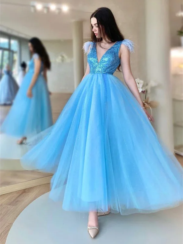 V Neck Shiny Sequins Blue Tulle Tea Length Prom Dress, Blue Tulle Homecoming Dress, Short Blue Formal Evening Dress Tunics Plaid country