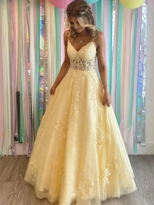 V Neck Yellow Lace Tulle Long Prom Dresses, Yellow Lace Formal Evening Dresses Tunics Top Casual