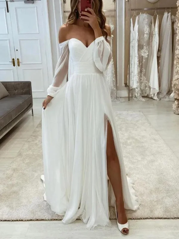 White Chiffon Long Sleeves Prom Dresses, White Chiffon Long Sleeves Formal Evening Dresses Tunics Cozy soft