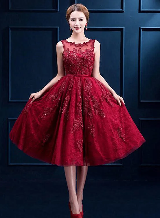 Wine Red High Quality Tulle with Lace Party Dress, Bridesmaid Dress Chiffon Maxi Beach