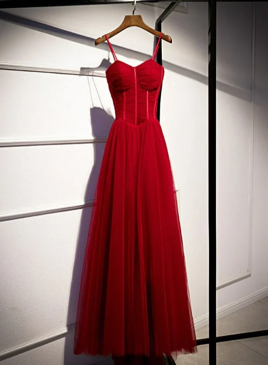 Wine Red Tulle Straps Long Sweetheart Party Dresses Formal Dresses, A-line Dark Red Evening Dresses Crew Neckline Sporty