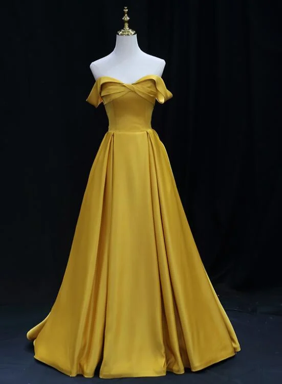 Yellow Satin Sweetheart Long Simple Party Dresses, Yellow Formal Gown Prom Dresses Tunics Gym athletic