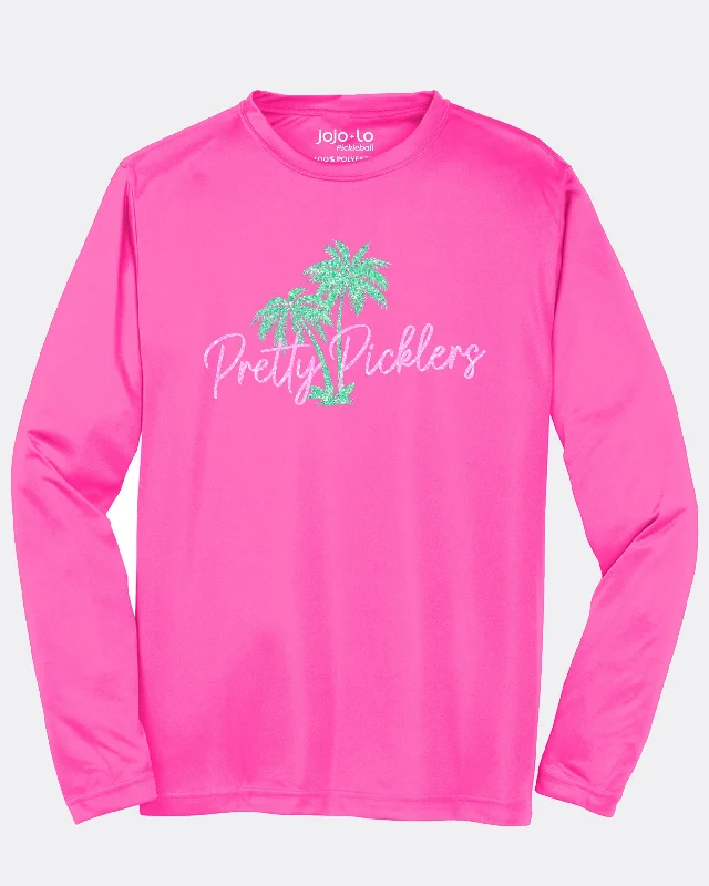 Glitter Flake Pretty Picklers Pickleball Long Sleeve T- Shirt Pink Performance Fabric Oversized T-Shirt Spandex breathable