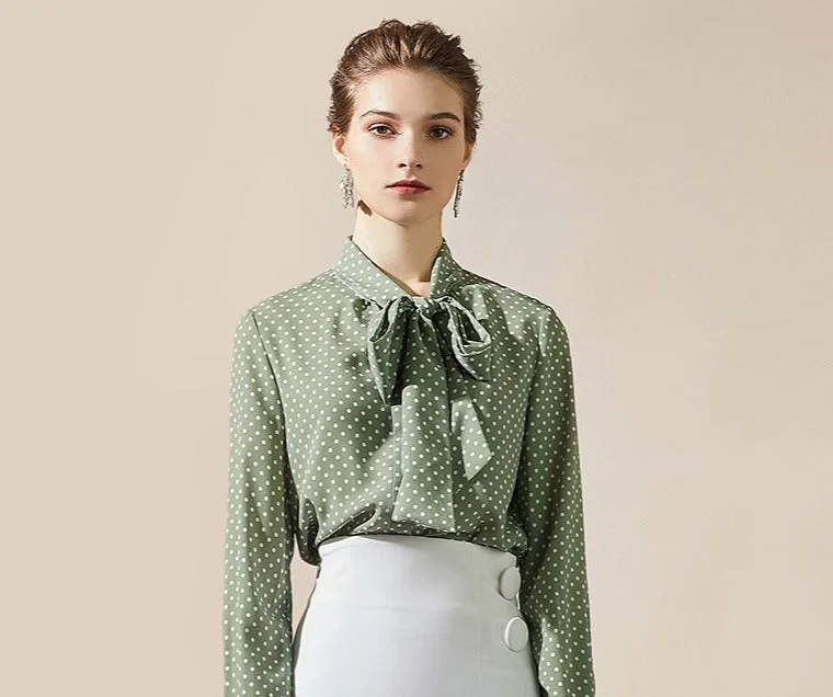 Green Western Style Lace Chiffon Polka Dot Shirt Casual Formal Business