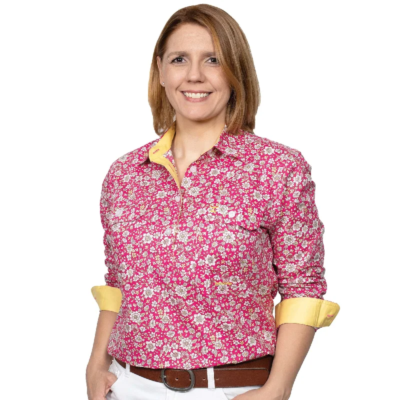 LADIES JUST COUNTRY GEORGIE 1/2 BUTTON WORK SHIRT Oversized T-Shirt Spandex breathable