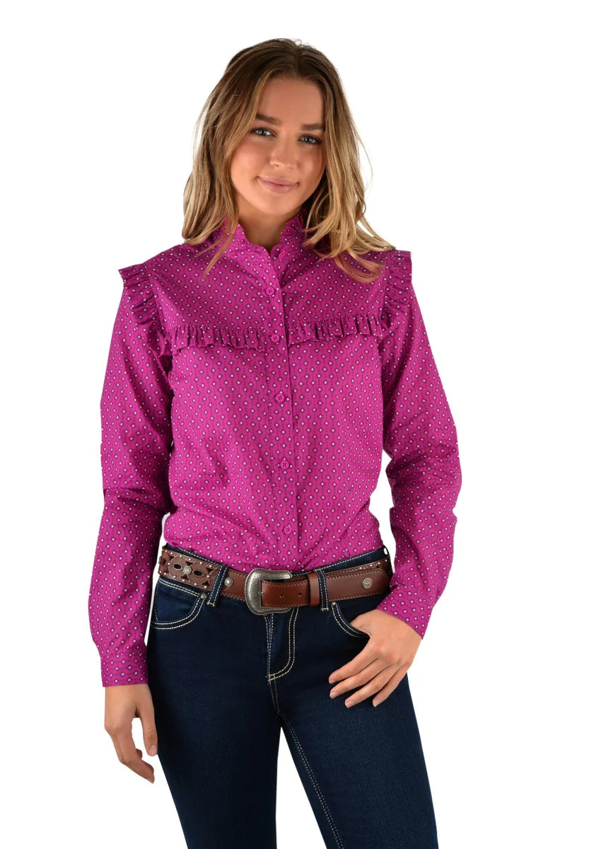 LADIES WRANGLER NIKKA FRILL L/S SHIRT Lace Blend Ribbed Blend Corduroy Blend