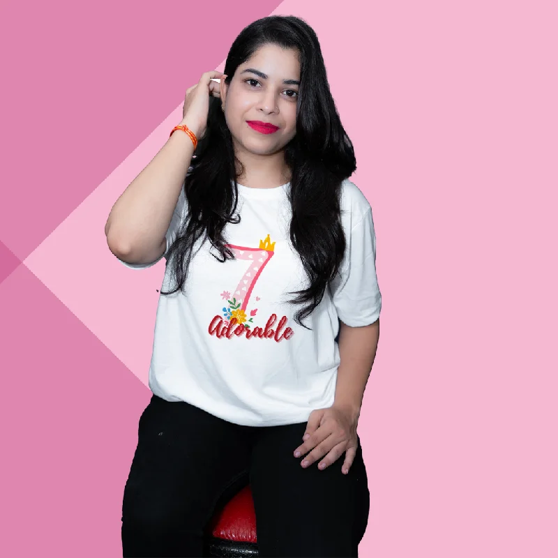 "Look Adorable in Our 'Number 7' Adorable Printed Women's White T-Shirt"Look Adorable, Number 7, Printed, Women's, White T-Shirt Modern Contemporary Chic