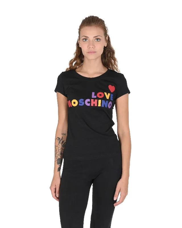 Love Moschino Womens T-Shirt W 4 B19 5B M 4083 C74 BLACK Embroidered Appliqued Beaded