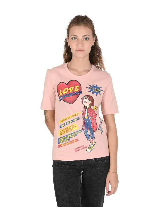 Love Moschino Womens T-Shirt W 4 F15 3D M 3876 M12 POWDER PINK Collared T-Shirt Boat Neck A-Line