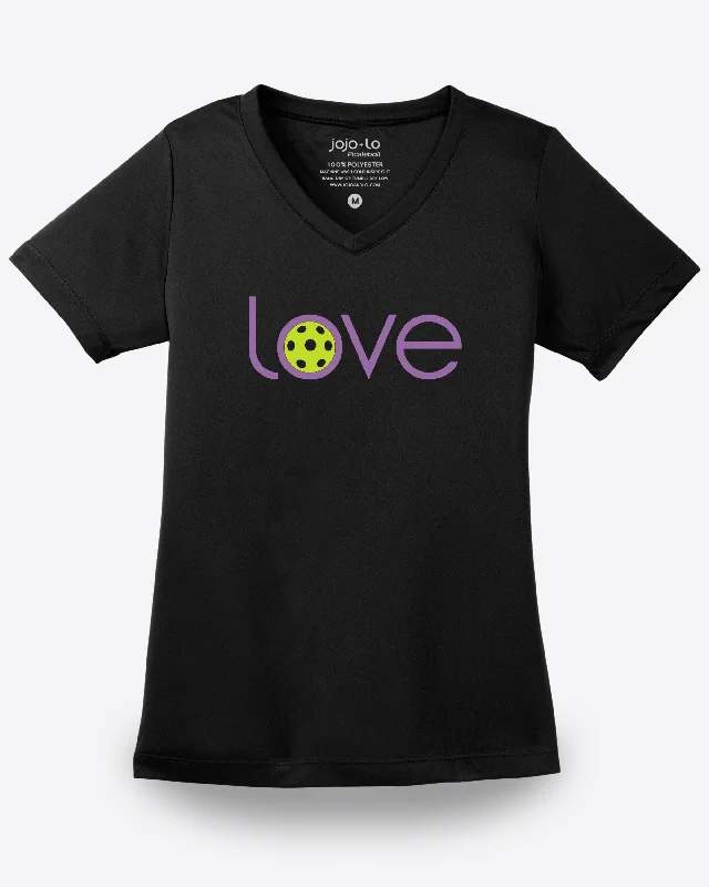 Love Pickleball V-neck T-shirt Women’s Black Performance Fabric Zippered Front Buttoned Front Snap Front