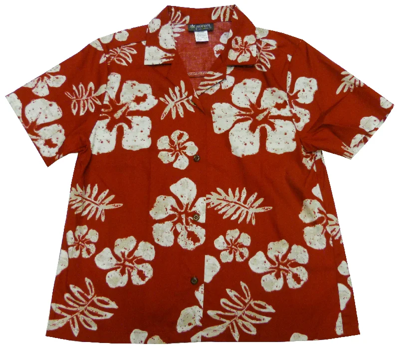 Old School Hibiscus Women's Hawaiian Camp Shirt Solid Print Embellished