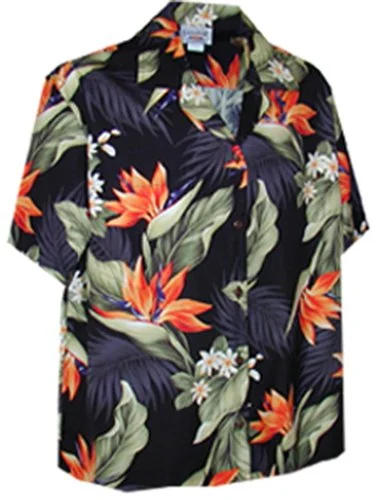 Pacific Legend Women' Bird of Paradise Plumeria Camp Shirt Solid Print Embellished