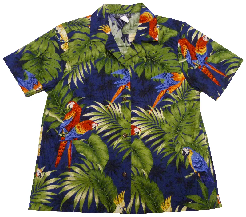 Parrot Monstera Women's Hawaiian Camp Shirt Satin Blend Silk Blend Wool Blend