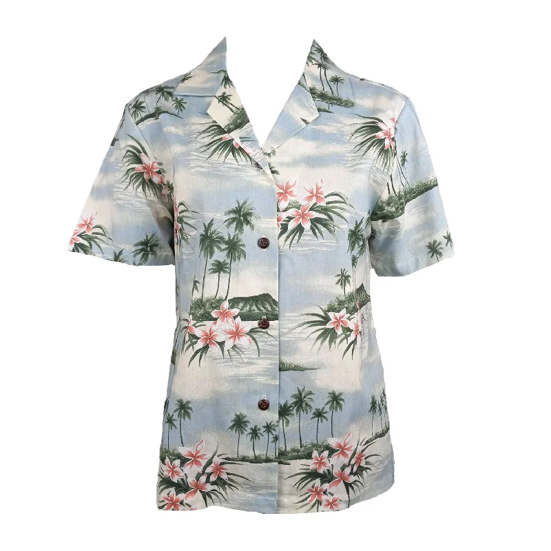 Plumeria Island Women's Hawaiian Camp Shirt Print Jacquard Patchwork