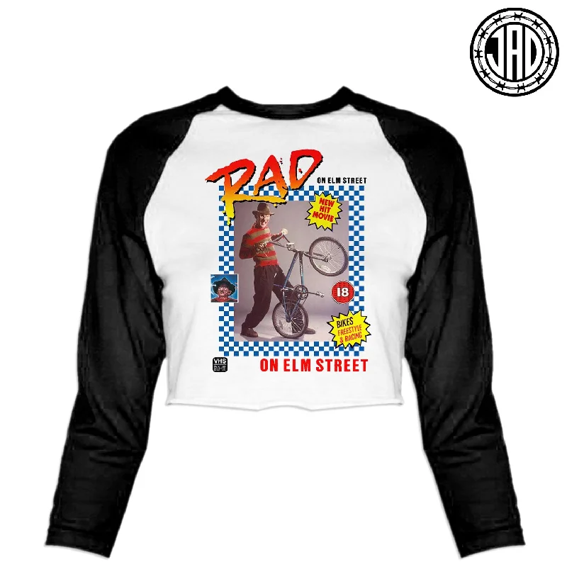 Rad On Elm Street - Women's Cropped Baseball Tee Spandex Blend Rayon Blend Denim Blend Rad On Elm Street - Women's Cropped Baseball Tee Spandex Blend Rayon Blend Denim Blend