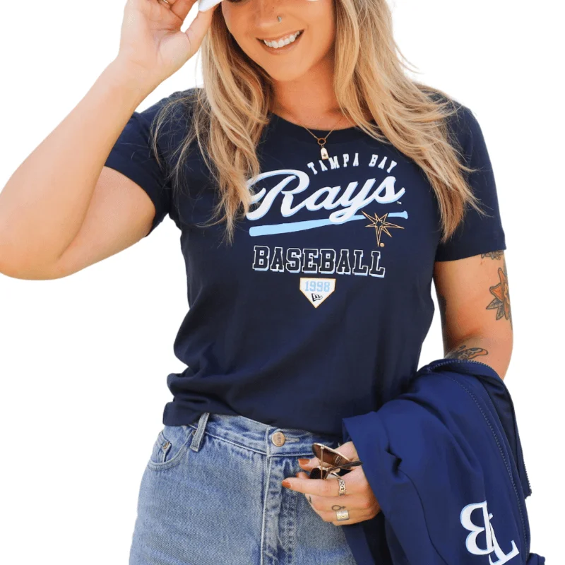 Rays Women's New Era Navy Baseball Burst T-Shirt Houndstooth Herringbone Solid