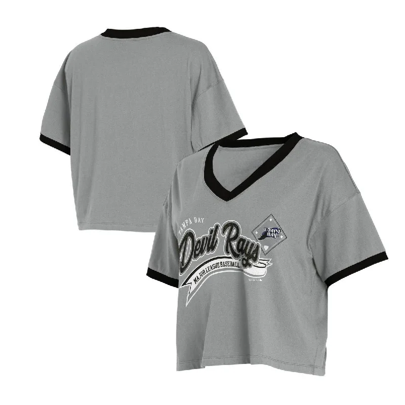 Rays Women's WEAR by Erin Andrews Grey Devil Rays V-Neck Crop T-Shirt Modern Contemporary Chic