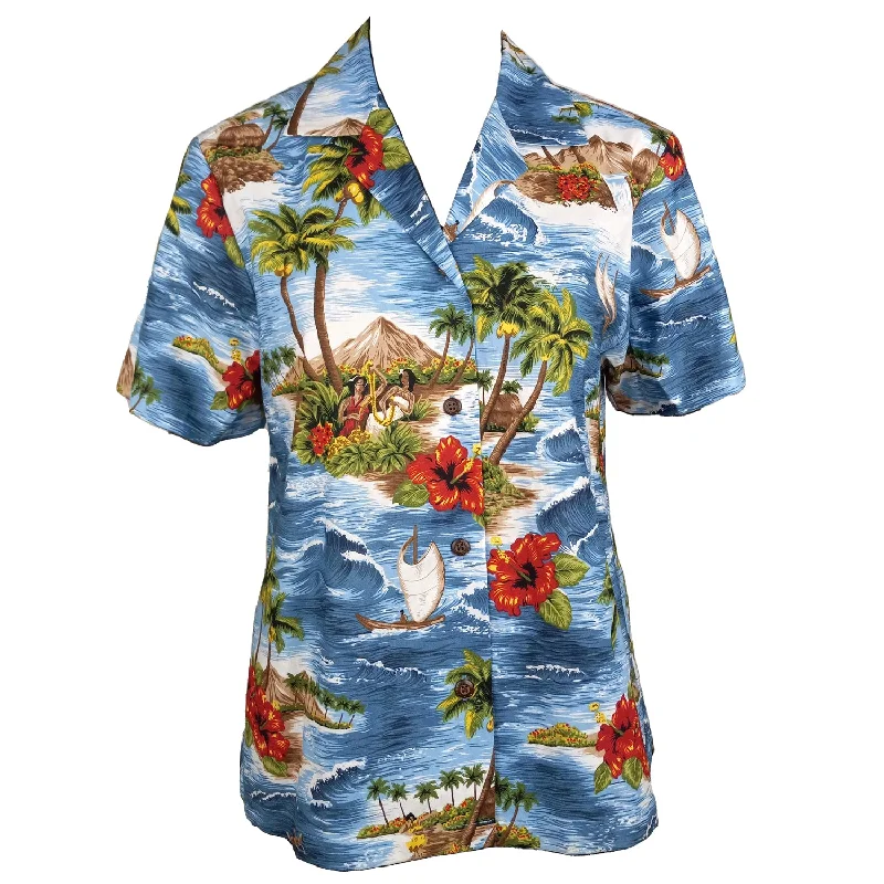 Red Hibiscus Island Women's Hawaiian Camp Shirt Modern Contemporary Chic