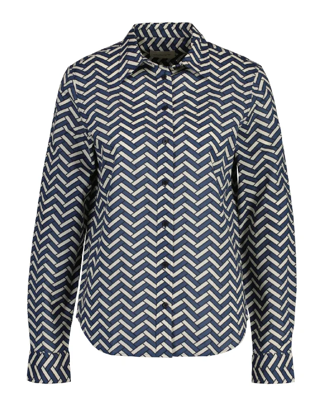 Regular Fit Geometric Cotton Voile Shirt - Dusty Blue Sea Iron Safe Non-Iron Wrinkle Free