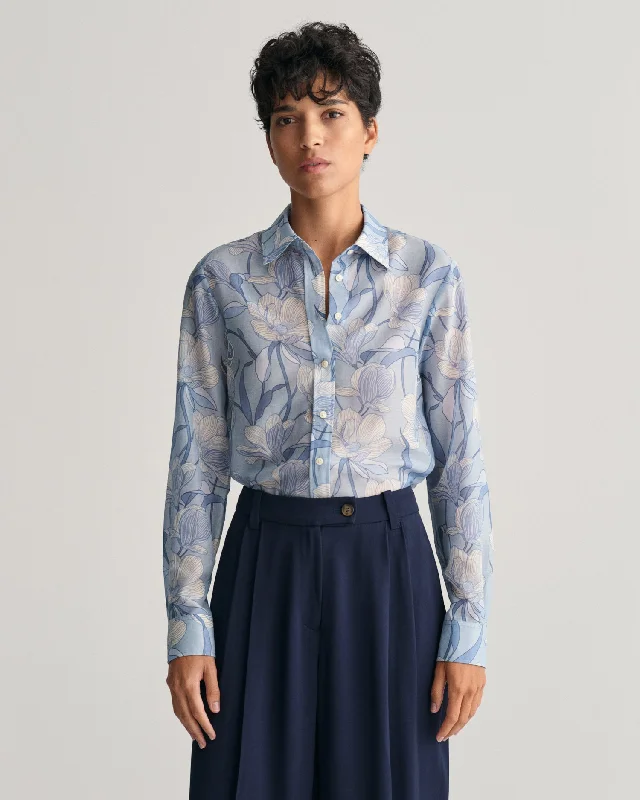 Regular Fit Magnolia Print Cotton Silk Shirt - Dove Blue Spandex Blend Rayon Blend Denim Blend