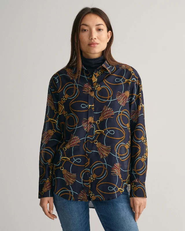 Relaxed Fit Rope Print Cotton Silk Shirt - Evening Blue Cashmere Blend Cotton Blend Poly Blend