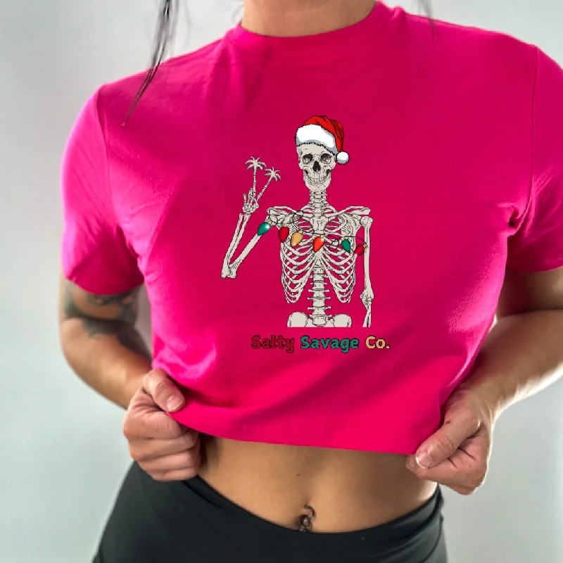 Salty Savage Ladies "Holiday Peace Skeleton" Performance Crop Tee Hooded Caped Shawl Collar