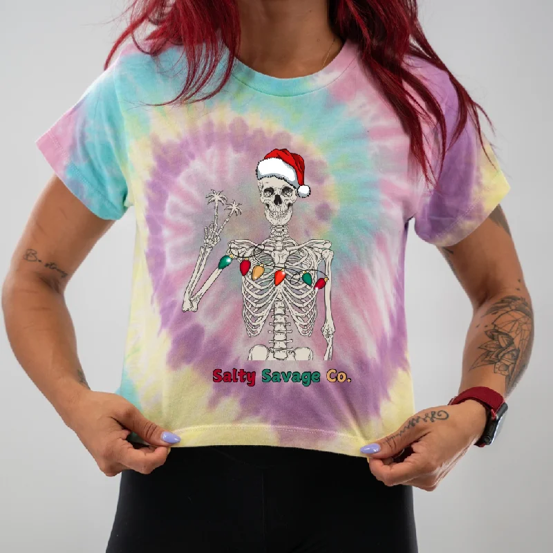 Salty Savage Ladies "Holiday Peace Skeleton” Spiral Tie Dye Crop Tee Spandex Blend Rayon Blend Denim Blend Salty Savage Ladies "Holiday Peace Skeleton” Spiral Tie Dye Crop Tee Spandex Blend Rayon Blend Denim Blend