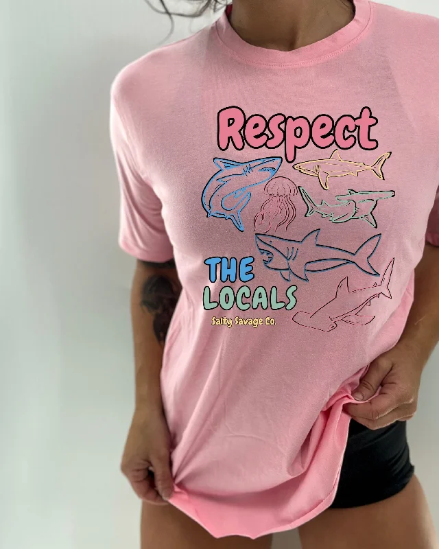 Salty Savage Ladies “RESPECT THE LOCALS SHARK” Oversized Boyfriend Tee Front Pockets Side Pockets Patch Pockets