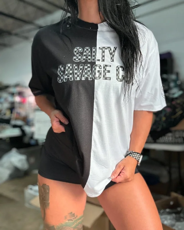 Salty Savage Unisex “Checkerboard Logo” Two Tone Oversized Tee Hooded Caped Shawl Collar