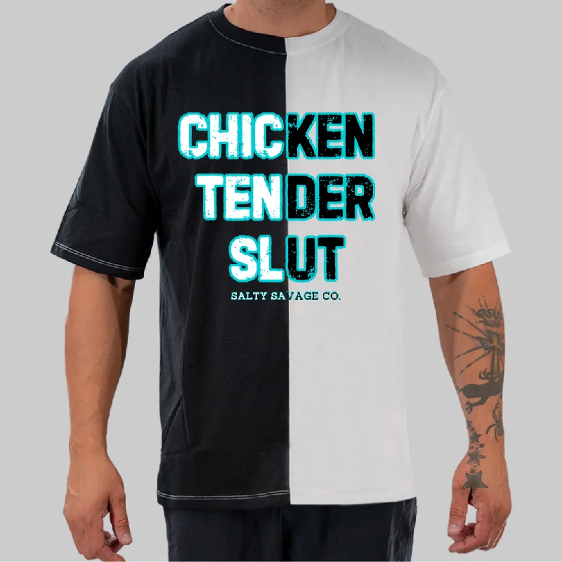 Salty Savage Unisex “CHICKEN TENDER SLUT” Two Tone Oversized Tee | Teal Hooded Caped Shawl Collar