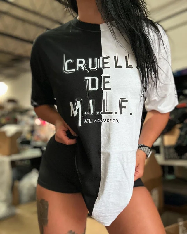 Salty Savage Unisex “Cruella De M.I.L.F” Two Tone Oversized Tee Thin T-Shirt Open Front Quick Dry