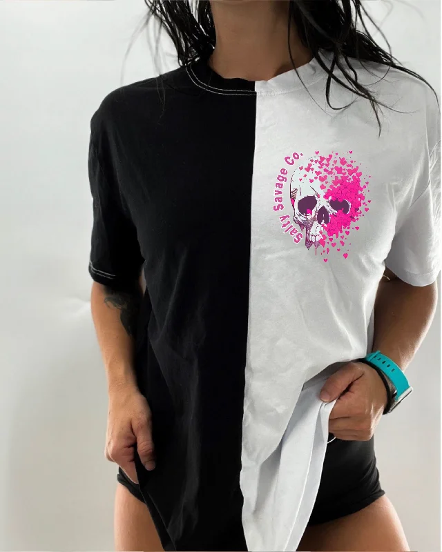 Salty Savage Unisex “Dead Love Skull” Two Tone Oversized Tee | Basic Welt Pockets Slit Pockets