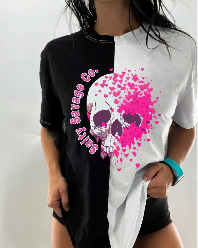 Salty Savage Unisex “Dead Love Skull” Two Tone Oversized Tee Anti-Pilling Machine Wash Handmade