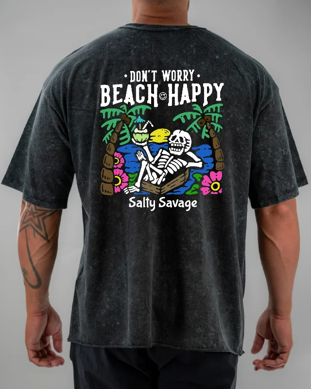 Salty Savage Unisex “Don’t Worry, Beach Happy" Oversized Crew Tee | V2 Silk Blend Satin Velvet