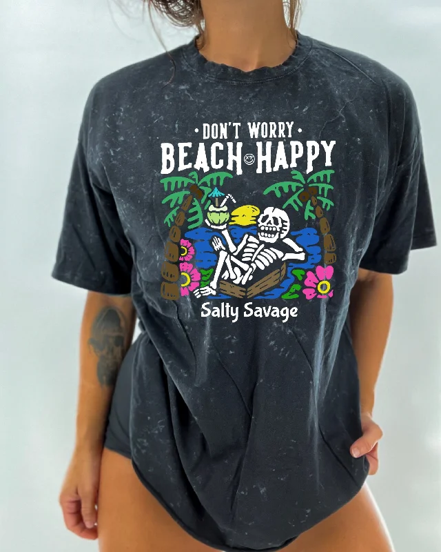 Salty Savage Unisex “Don’t Worry, Beach Happy" Oversized Crew Tee Wool Fabric Cashmere Fabric Tweed Fabric