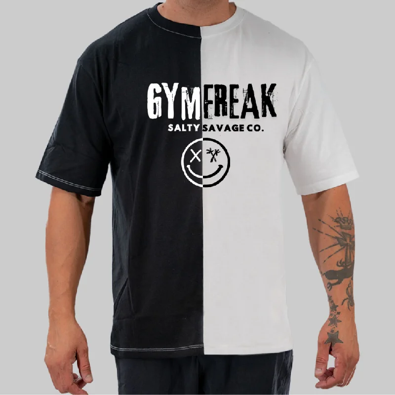 Salty Savage Unisex “GYM FREAK” Two Tone Oversized Tee Chenille Fabric Brocade Fabric Lace Fabric